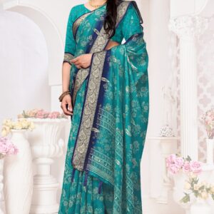 fabric, georgette with zari border  and zari butta inside